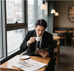 坐在窗边喝咖啡看平板的帅哥图片